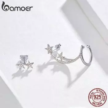 Женские серьги-гвоздики BAMOER Star Comet с асимметрией, прозрачные серьги-гвоздики с цирконием, яркие метеоры, стерлинговые пробы 925 пробы