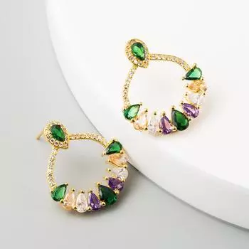 Женские серьги-гвоздики, индивидуальные латунные темпераментные серьги с микроцветом и кристаллами циркона в виде цветка OneSize золотой