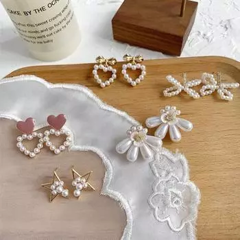 Женские серьги-гвоздики из искусственного жемчуга с бантом и цветком в форме сердца, серьги-гвоздики со звездами, подарок для ювелирных изделий 4#