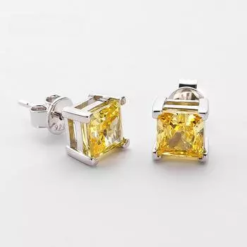 Женские серьги-гвоздики из стерлингового серебра 100% 925 пробы 6*6 мм с желтым аквамарином и высокоуглеродистыми бриллиантами, сверкающие ювелирные изделия белый