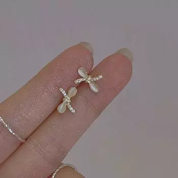 Женские серьги-гвоздики из стерлингового серебра 925 пробы с милым опалом и бантом в стиле ретро белого золота