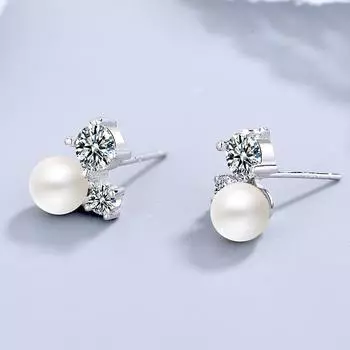 Женские серьги-гвоздики из стерлингового серебра S925 с жемчугом и жемчугом Простой и свежий универсальный изящный орнамент 925