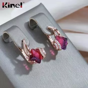 Женские серьги-гвоздики Kinel с гранатом и красным цирконом, роскошные серьги-гвоздики цвета розового золота розового золота
