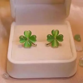 Женские серьги-гвоздики Lucky Cat s Eye с четырьмя листочками клевера, зеленые нежные серьги-гвоздики, элегантные ювелирные изделия, банкетный подарок для мамы зелёный
