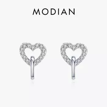 Женские серьги-гвоздики Modian из стерлингового серебра 925 пробы с звеньями в виде сердца, блестящие прозрачные модные ювелирные украшения с изображением животных серебряный