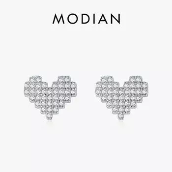 Женские серьги-гвоздики Modian из стерлингового серебра 925 пробы со сверкающим сердцем, модные эффектные ювелирные изделия для свадьбы и помолвки серебряный