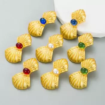 Женские серьги-гвоздики с бантом в стиле ретро, серьги-подвески из титанового стального сплава, акриловые жемчужные бусины, золотые геометрические украшения для ушей OneSize зелёный