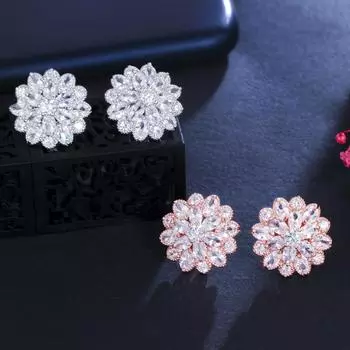 Женские серьги-гвоздики с блестящим кубическим цирконием WWJ цвета розового золота/серебра с цветком розового золота