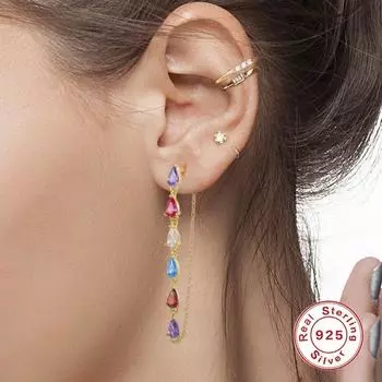 Женские серьги-гвоздики с цветным цирконом на длинной цепочке, серьги-гвоздики из стерлингового серебра 925 пробы, 2022, свадебные украшения