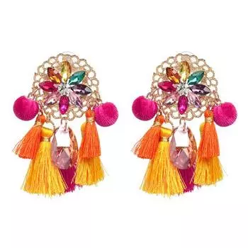 Женские серьги-гвоздики с кисточками и помпоном в стиле бохо, длинные массивные ювелирные изделия