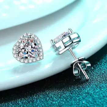 Женские серьги-гвоздики с муассанитом цвета D в форме сердца, 2 карата, покрытые белым золотом, 100% стерлинговое серебро 925 пробы, свадебные украшения GRA 1CT