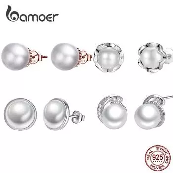 Женские серьги-гвоздики с жемчугом BAMOER, стерлинговое серебро 925 пробы, белый жемчуг, серьги-гвоздики с задвижкой назад B