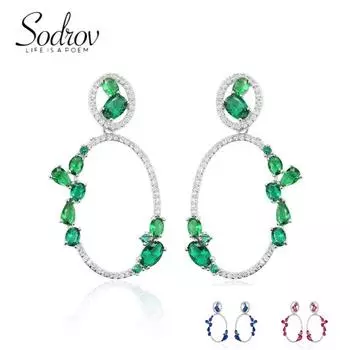 Женские серьги-гвоздики SODROV с зеленым, красным, синим цирконием, большие серьги-гвоздики розовый