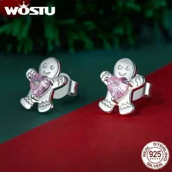 Женские серьги-гвоздики WOSTU из стерлингового серебра 925 пробы с рождественским розовым пряничным человечком 925 silver