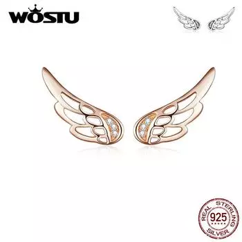 Женские серьги-гвоздики WOSTU из стерлингового серебра 925 пробы с перьями «Крылья феи» и рождественские украшения розового золота