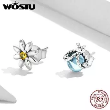 Женские серьги-гвоздики WOSTU из стерлингового серебра 925 пробы с изображением ромашки и божьей коровки, асимметричные серьги-гвоздики с цирконом, трендовые ювелирные изделия 925 silver