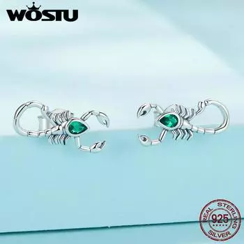 Женские серьги-гвоздики WOSTU из стерлингового серебра 925 пробы с зеленым цирконием и скорпионом, оригинальный дизайн, серьги с животными 925 silver