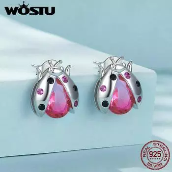 Женские серьги-гвоздики WOSTU из стерлингового серебра 925 пробы с розовой божьей коровкой, многоцветные серьги с турмалином с цирконием, открытые серьги-гвоздики, зажимы для вечеринок, ювелирные изделия, подарок 925 silver
