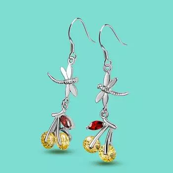 Женские серьги из 100% серебра 925 пробы, креативные серьги с подвеской из кубического циркона, инкрустированные вишней/стрекозой, аксессуары для вечеринок, ювелирные украшения