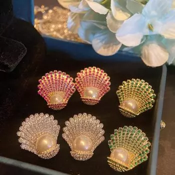 Женские серьги из серебра 925 пробы с иглой и ракушкой, имитация жемчуга, модные ювелирные изделия с блестящим цирконием, новый дизайн зелёный