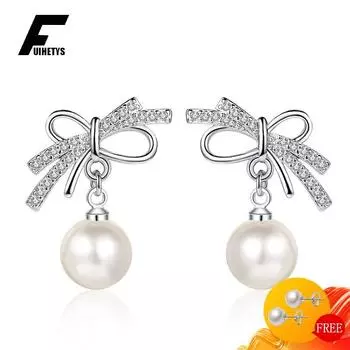 Женские серьги из серебра 925 пробы с жемчужным цирконом и драгоценными камнями в форме банта для подарка на свадьбу