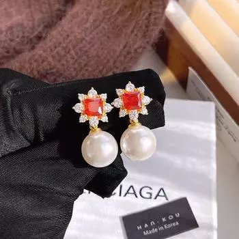 «Женские серьги из стерлингового серебра 925 пробы с белым жемчугом и цирконием — блестящие ювелирные изделия высшего качества» RF390 красный