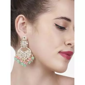 Женские серьги из желтого золота с зелеными и розовыми кластерными бусинами Kundan в этническом стиле