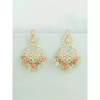 Женские серьги из желтого золота с зелеными и розовыми кластерными бусинами Kundan в этническом стиле