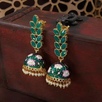 Женские серьги Jhumki в форме листа Meena Work из 18-каратного золота