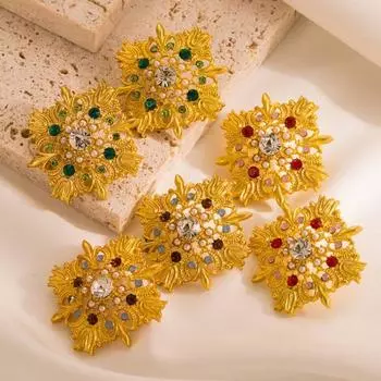 Женские серьги-кабинеты с тиснением и полыми цветными кристаллами и жемчугом, средневековые ретро серьги с небольшим ароматом, легкие роскошные серьги высокого качества OneSize зелёный