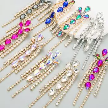 Женские серьги-капли, индивидуальные преувеличенные многослойные серьги с геометрическими стеклянными кристаллами и кисточками OneSize