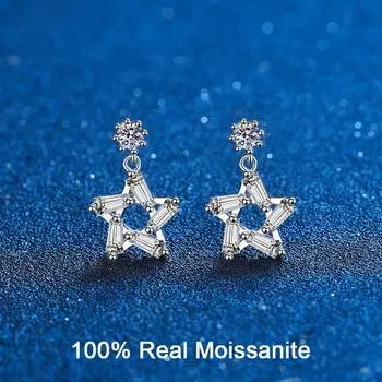 Женские серьги-капли из настоящего муассанита, стерлингового серебра, VVS D, серьги с бриллиантами, 3D висячие серьги со звездами, свадебные украшения total carat 0.2ct