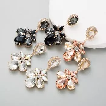 Женские серьги-капли из сплава с кристаллами, многослойные серьги в форме капли из стекла и цветов, супер-кольцевая цепочка с вспышкой OneSize чёрный