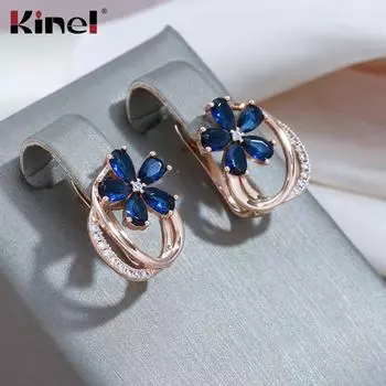 Женские серьги-капли Kinel с цирконием и синим цветком, модные ювелирные изделия цвета розового золота
