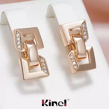 Женские серьги-капли Kinel с квадратной цепочкой, розовое золото, натуральный циркон, ювелирные украшения розового золота