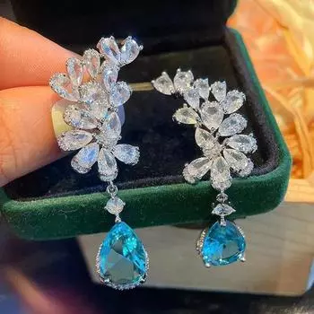 Женские серьги-капли с цирконом на другой стороне, цветочные шпильки, сине-зеленые, фиолетовые.