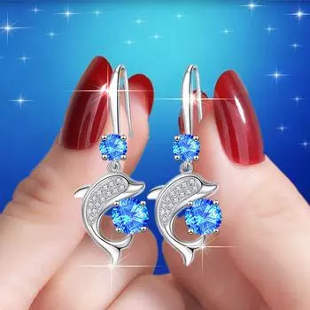 Женские серьги-капли с дельфинами, синие, розовые, белые, круглые маленькие серьги с висячими камнями, свадебные украшения, модные серьги с животными белый