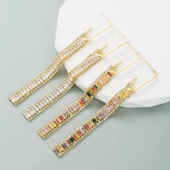 Женские серьги-капли с медным покрытием, настоящее золото, инкрустированные цветным цирконием, длинные серьги с геометрическим квадратным цирконием, легкие роскошные серьги OneSize белый