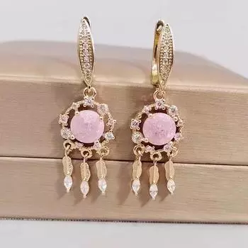 Женские серьги-капли с розовым цирконием и цветами «Ловец снов» с кисточками, новые модные эффектные серьги для свадебной вечеринки, ювелирные аксессуары розовый