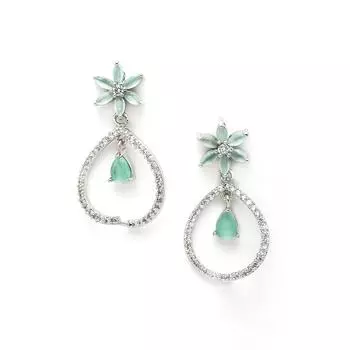 Женские серьги-капли серебристого цвета с американскими бриллиантами лаймово-зеленого цвета