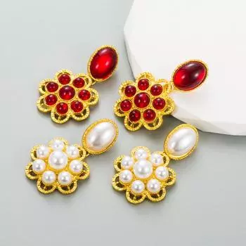 Женские серьги-капли в стиле ретро, серьги-подвески из титанового стального сплава, акриловая смола, жемчужные цветы, геометрические украшения для ушей OneSize красный