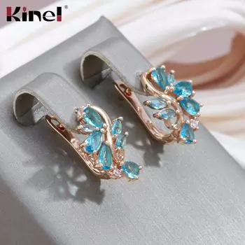 Женские серьги Kinel с синим камнем и кристаллами в виде цветка на английском языке розового золота