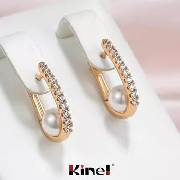Женские серьги Kinel с жемчугом, сверкающий натуральный циркон, микровосковая оправа, цвет розового золота, повседневная одежда, украшения, подарок на праздник розового золота