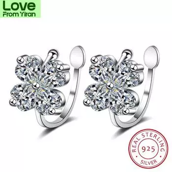 Женские серьги-клипсы из 100% настоящего чистого подлинного цельного серебра 925 пробы с цветком и кристаллами, роскошные модные серьги
