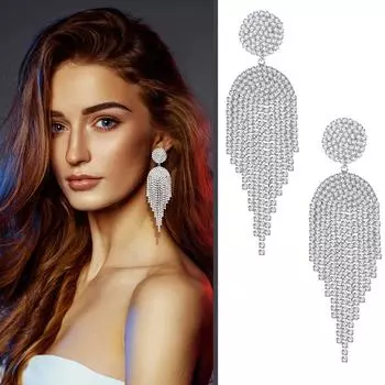 Женские серьги-клипсы со стразами, элегантные длинные подвески с кристаллами, серьги-клипсы с кисточками, серьги-люстры, женские серьги One Size серебряный