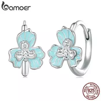 Женские серьги-кольца BAMOER из стерлингового серебра 925 пробы с синей эмалью ирис, серьги-кольца с цветком и кубическим цирконием, ювелирные изделия в подарок 925 silver
