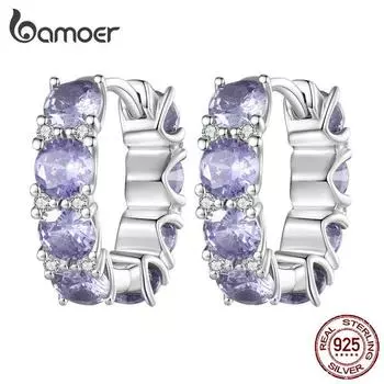 Женские серьги-кольца BAMOER из стерлингового серебра 925 пробы с фиолетовым цирконием, блестящие серьги-кольца с цирконием, подарок на день рождения, ювелирные украшения 925 silver
