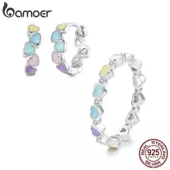 Женские серьги-кольца BAMOER из стерлингового серебра 925 пробы с радужным сердечком, круглые многоцветные эмалированные вечерние ювелирные аксессуары 6 серебряный