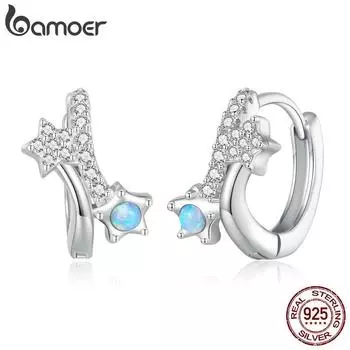 Женские серьги-кольца BAMOER из стерлингового серебра 925 пробы с блестящими цирконами и звездами, серьги-кольца нестандартной формы, оригинальный дизайн, изящные ювелирные изделия 925 silver