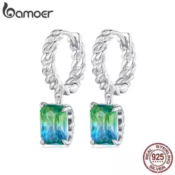 Женские серьги-кольца BAMOER из стерлингового серебра 925 пробы, синие и зеленые турмалиновые серьги-кольца с пряжками для вечеринок, элегантные ювелирные изделия 925 silver